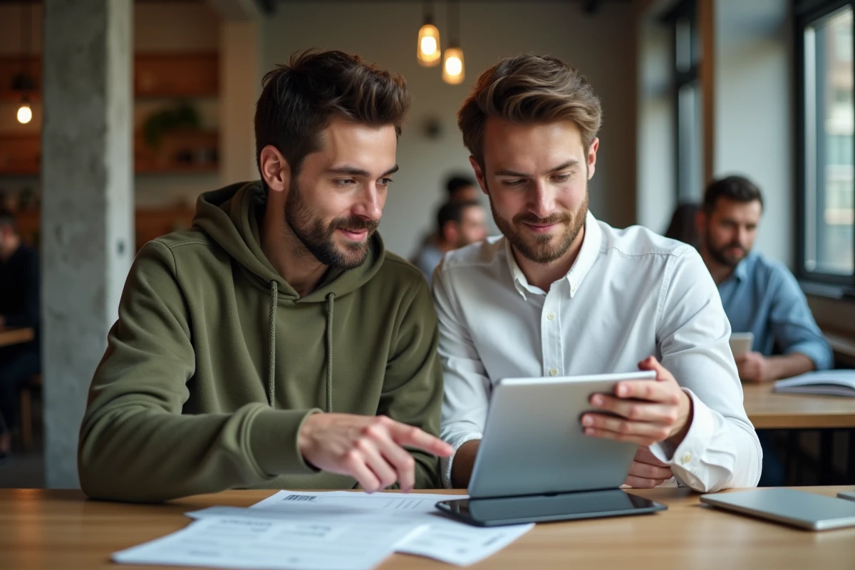 Deux d&eacute;butants collaborant sur un guide Epsilon Scan avec un rapport imprim&eacute; et une tablette dans un espace de coworking
