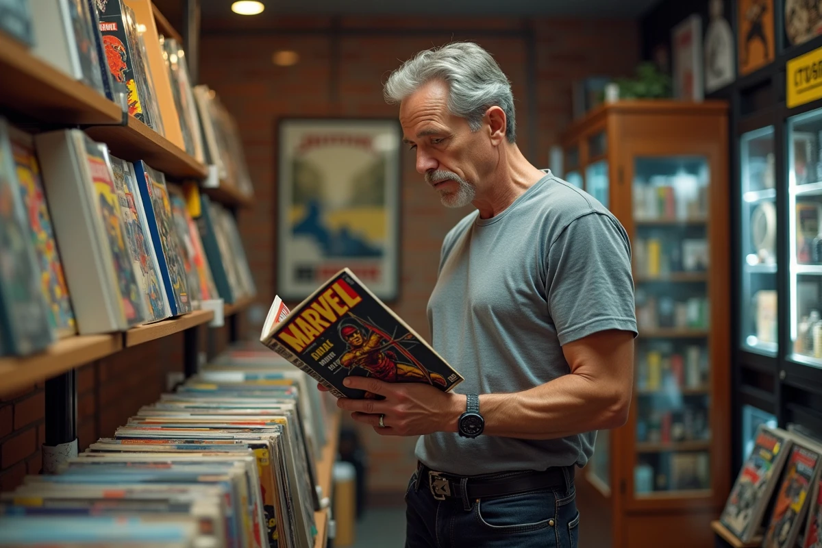 Collectionneur de comics Marvel inspectant un numéro vintage de Barton dans une boutique spécialisée