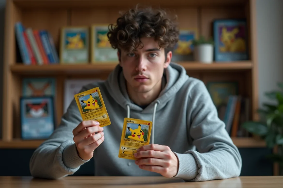 Jeune collectionneur examinant attentivement une carte Pok&eacute;mon Pikachu rare dans une salle d&eacute;di&eacute;e &agrave; sa collection