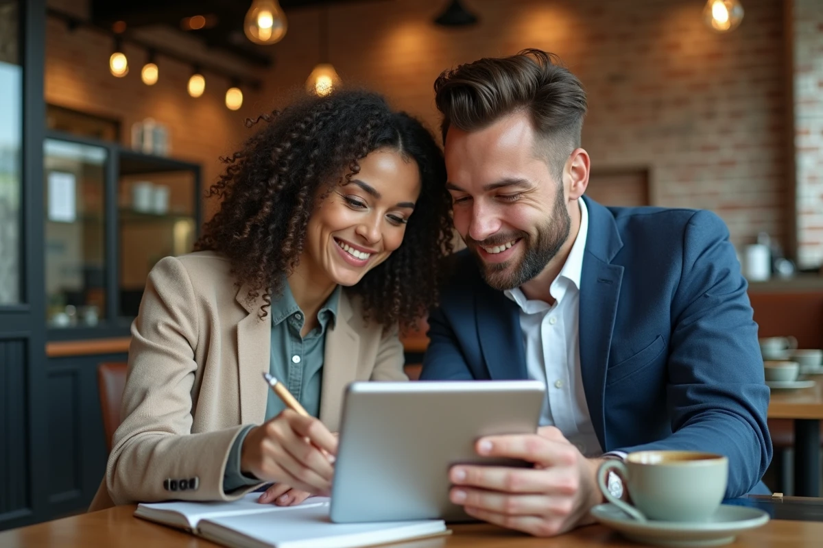 Deux coll&egrave;gues collaborant sur la correction d'un email professionnel en fran&ccedil;ais dans un caf&eacute; urbain