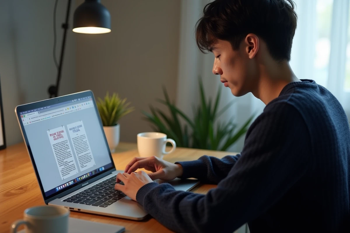 Homme comparant deux applications de lecture de manga sur un ordinateur portable dans un bureau minimaliste