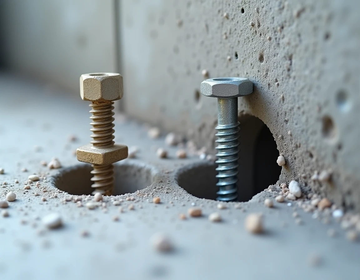 Comparaison entre une cheville à expansion et un scellement chimique dans un mur en béton pour pergola