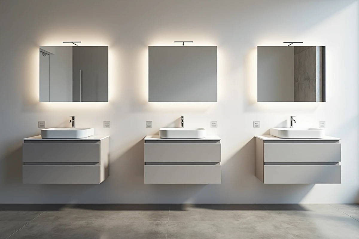 Comparaison de trois vasques salle de bain de largeurs diff&eacute;rentes (40, 60 et 80 cm) dans un showroom pour aider &agrave; choisir la dimension minimale id&eacute;ale