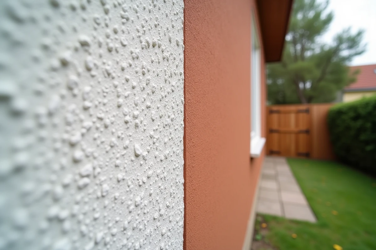 Comparaison c&ocirc;te &agrave; c&ocirc;te d'un enduit classique blanc lisse et d'un enduit silicone tendance terracotta textur&eacute; sur fa&ccedil;ade de maison, pour illustrer le choix de finition ravalement