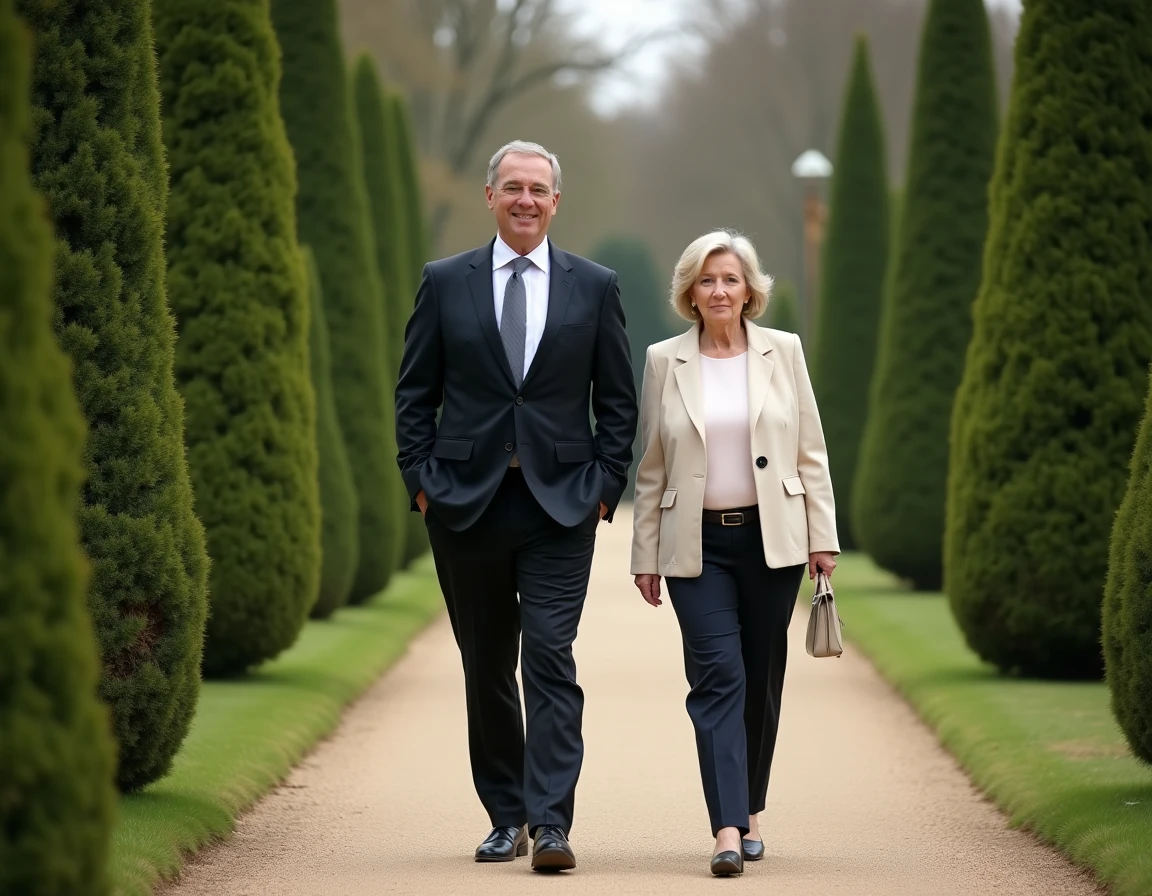 Homme et femme marchant c&ocirc;te &agrave; c&ocirc;te dans un jardin &agrave; la fran&ccedil;aise, comparaison naturelle de leur stature respective