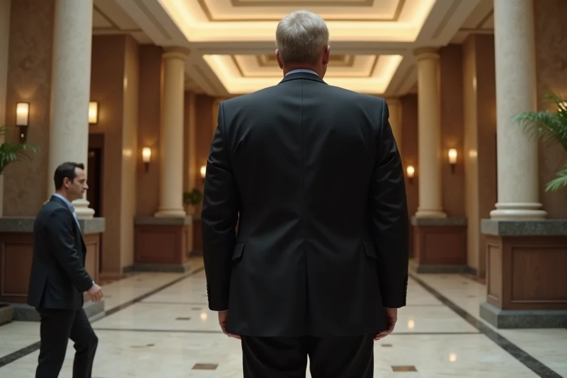 Comparaison de taille entre un homme gigantesque en costume et une personne de taille normale dans un hall d'h&ocirc;tel, illustrant visuellement le gigantisme