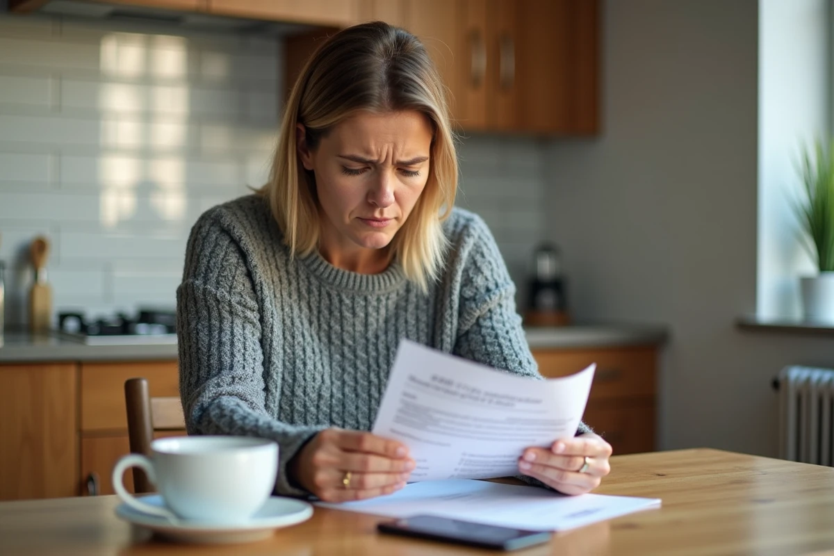 Femme inqui&egrave;te lisant un avis de contravention &agrave; la maison, perte de points sur le permis de conduire