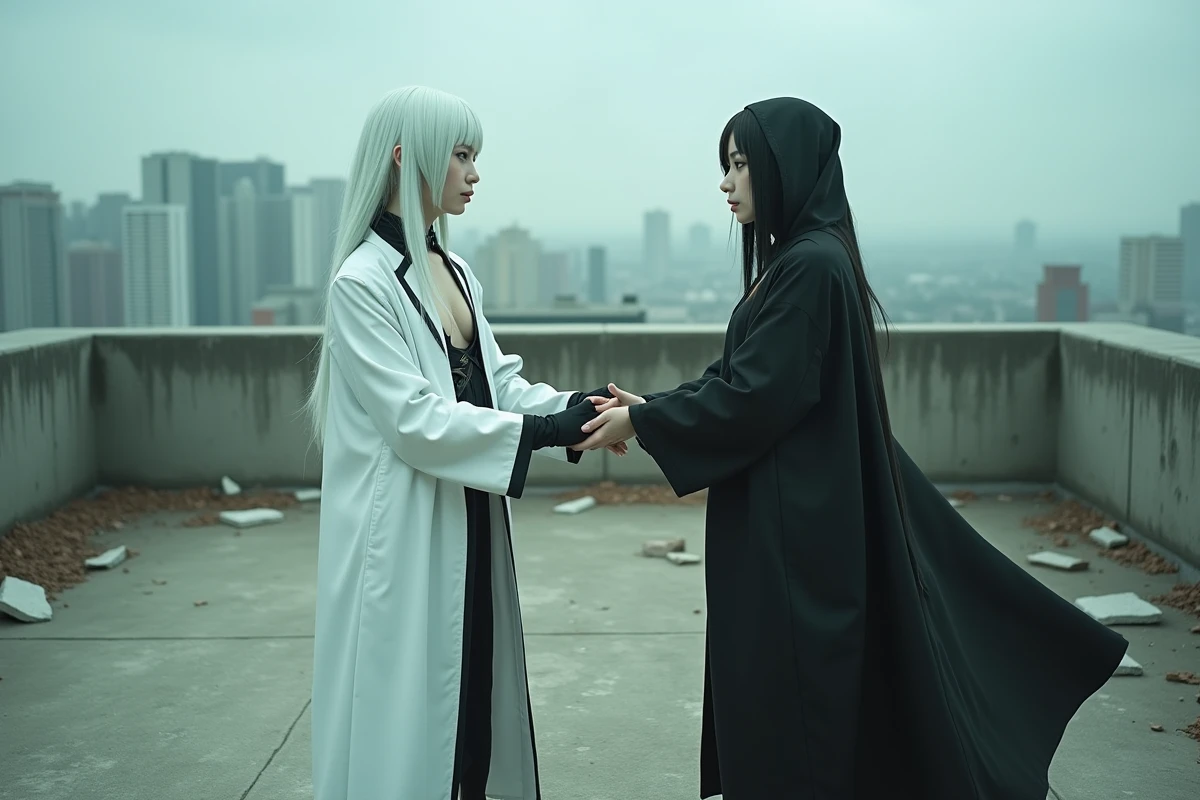 Scène de confrontation entre cosplayers d'Ulquiorra Schiffer et d'un shinigami sur un toit en béton délabré