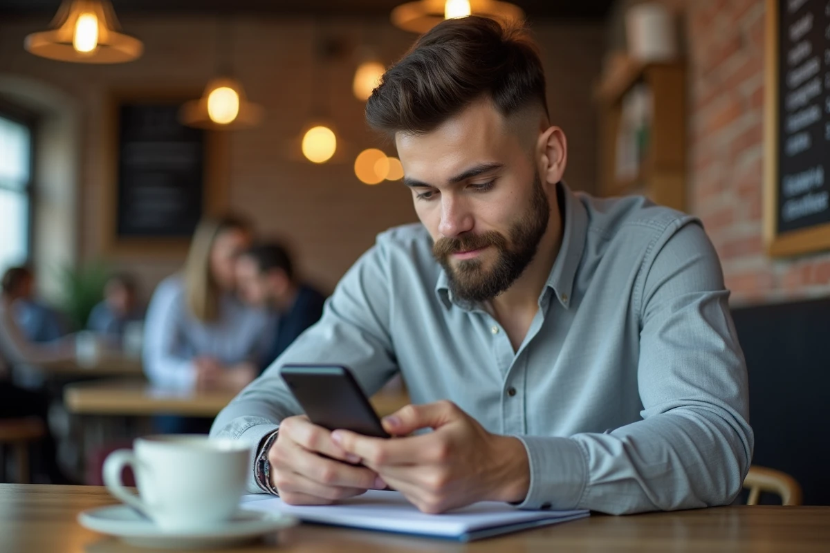 Jeune homme consultant le site de la chambre des notaires sur smartphone dans un caf&eacute; pour prendre rendez-vous