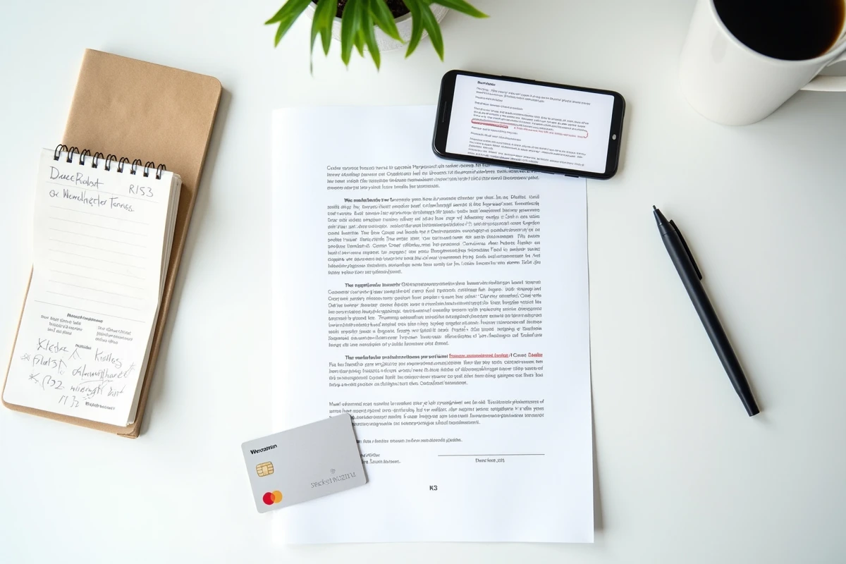 Vue a&eacute;rienne d'un contrat imprim&eacute; avec termes encercl&eacute;s, carte bancaire et smartphone montrant des conditions d'abonnement pi&eacute;geux