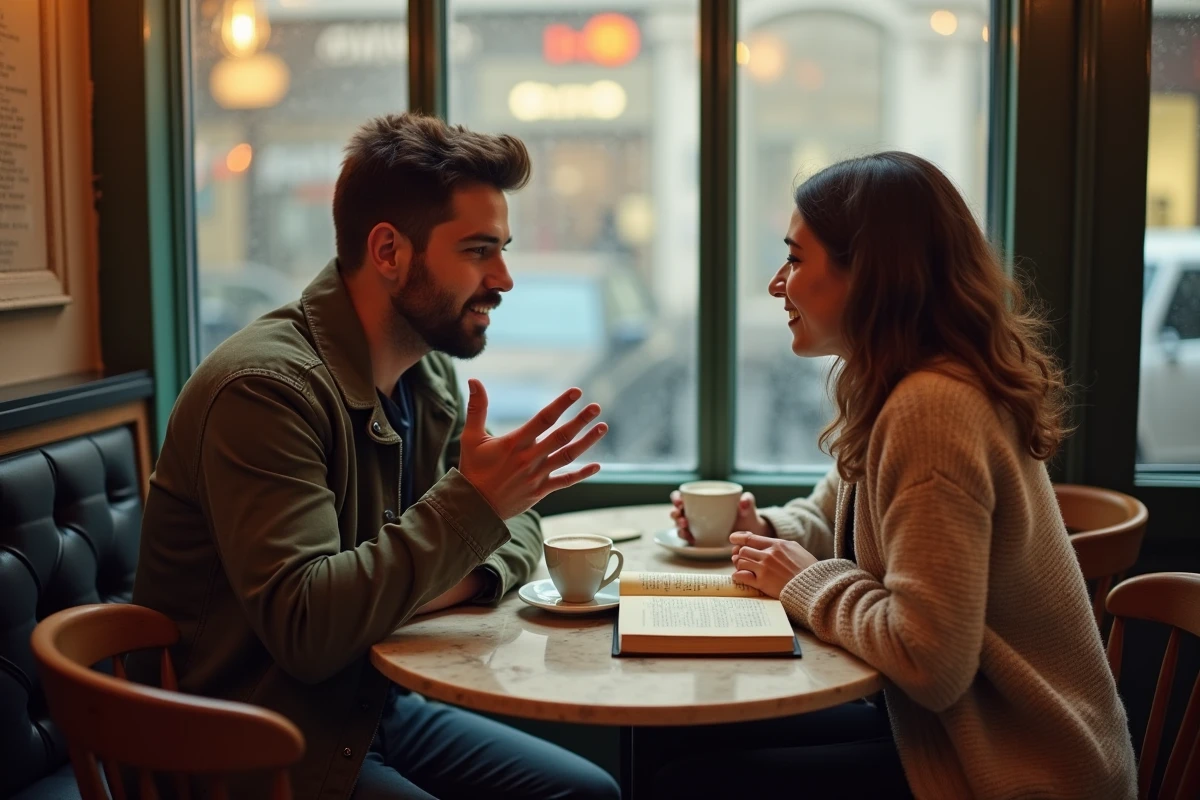 Deux personnes discutant de grammaire fran&ccedil;aise informelle dans un caf&eacute; parisien avec un dictionnaire ouvert