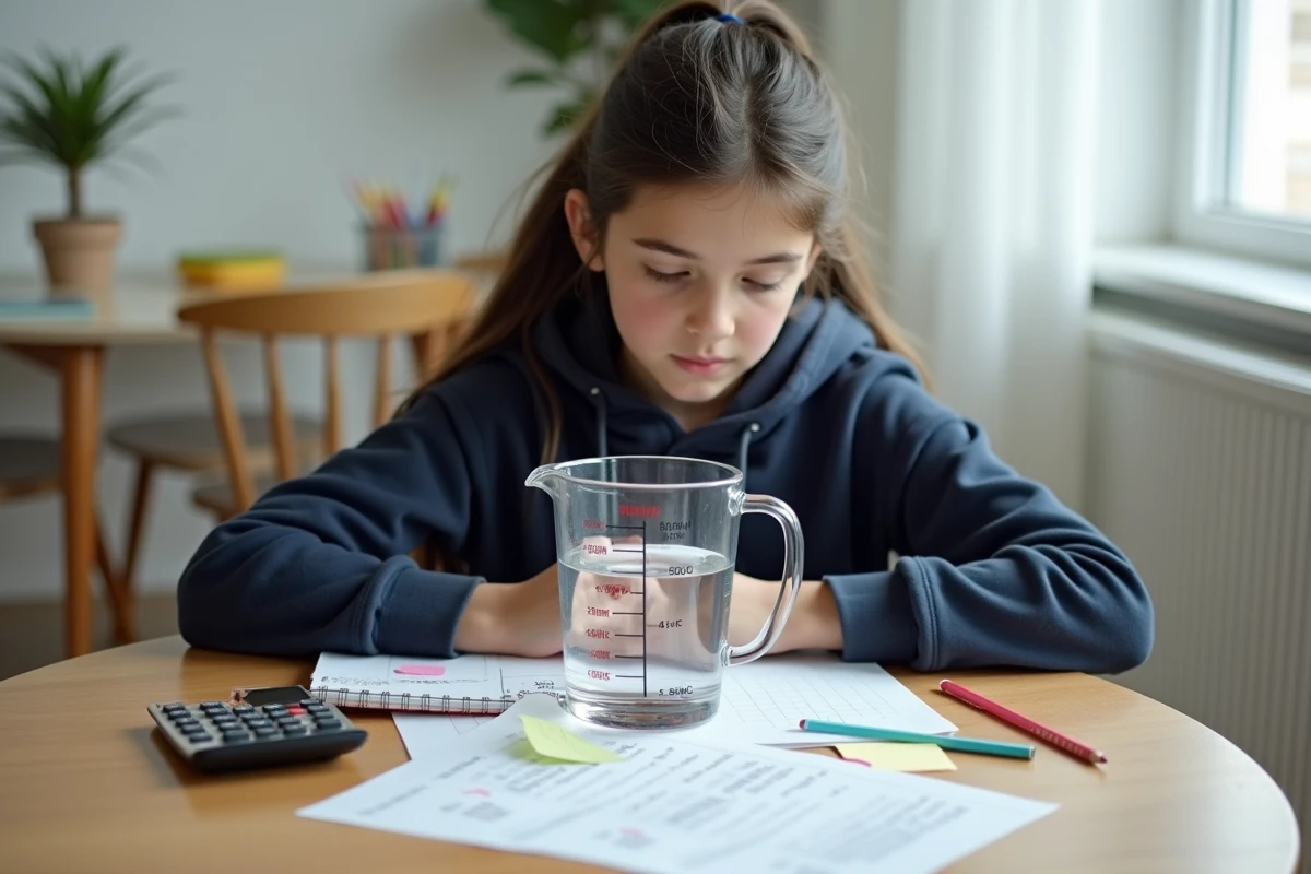Jeune fille utilisant un tableau de conversion de volumes en cm avec un verre doseur et une calculatrice sur une table en bois