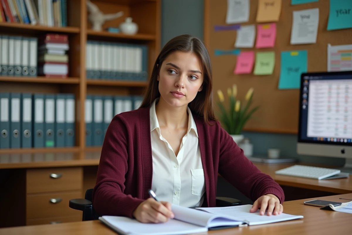 Jeune coordinatrice en animation jeunesse étudiant des dossiers administratifs dans son bureau, illustrant la montée en compétences vers la direction