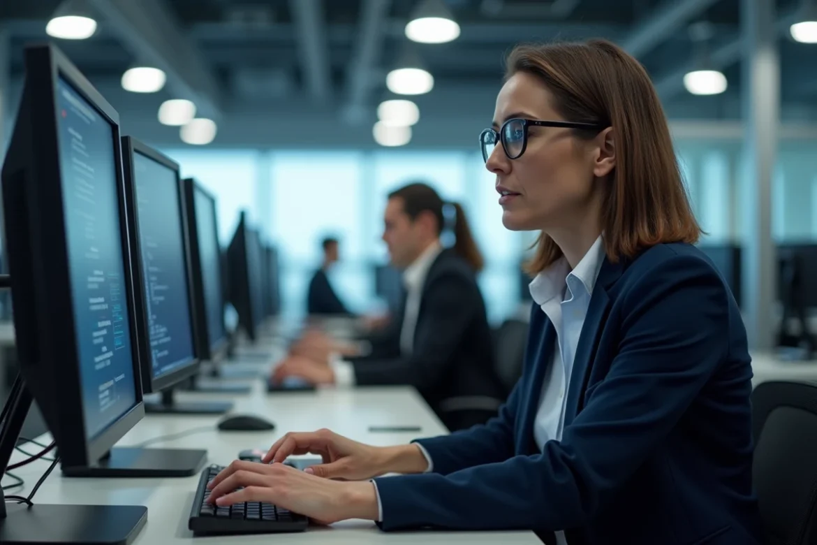 Femme en entreprise corrigeant la configuration du clavier dans les param&egrave;tres syst&egrave;me de son ordinateur