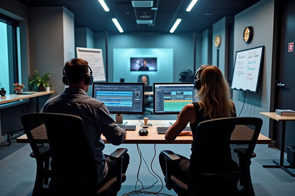 Coulisses d'une station de radio avec deux producteurs en r&eacute;gie devant des moniteurs audio et une vitre donnant sur le studio