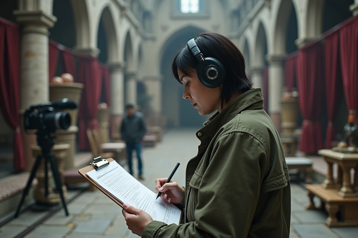 Coulisses d'un tournage de film fantastique dans un décor de château médiéval avec équipe de production