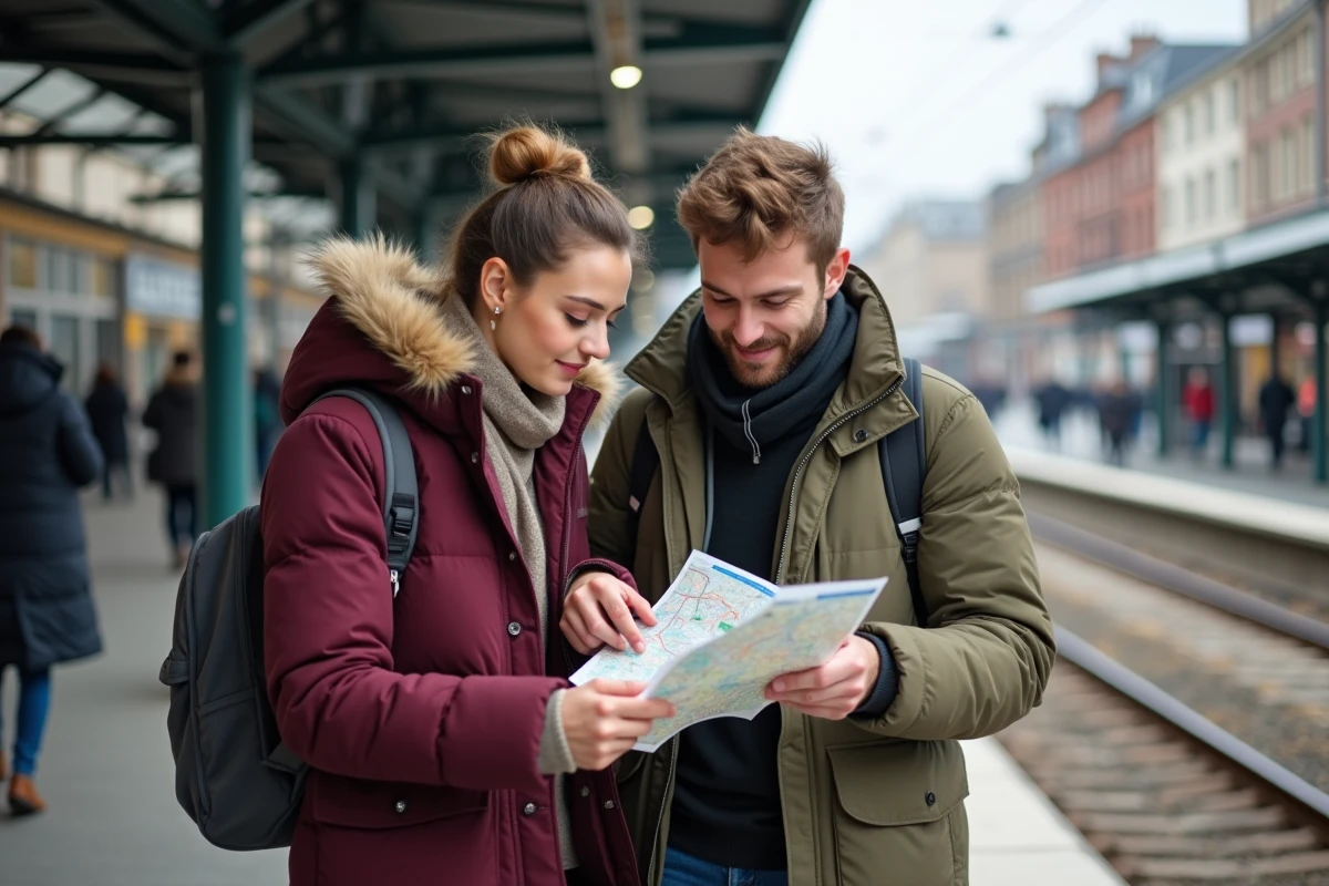 Couple planifiant un itin&eacute;raire sur la carte du r&eacute;seau de tramway de Nantes &agrave; un arr&ecirc;t de correspondance