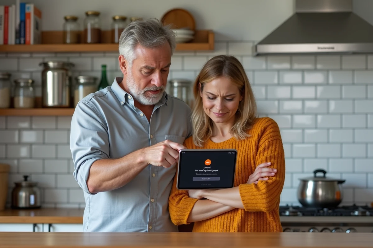 Couple d&eacute;couvrant une erreur d'enregistrement sur l'application Orange TV dans une cuisine moderne