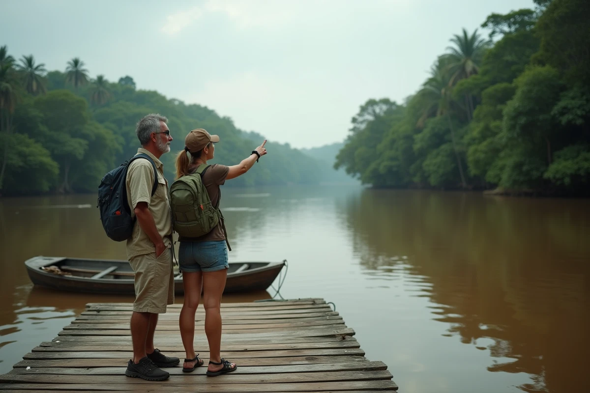 Couple de voyageurs consultant l'heure sur un quai fluvial en pleine jungle guyanaise