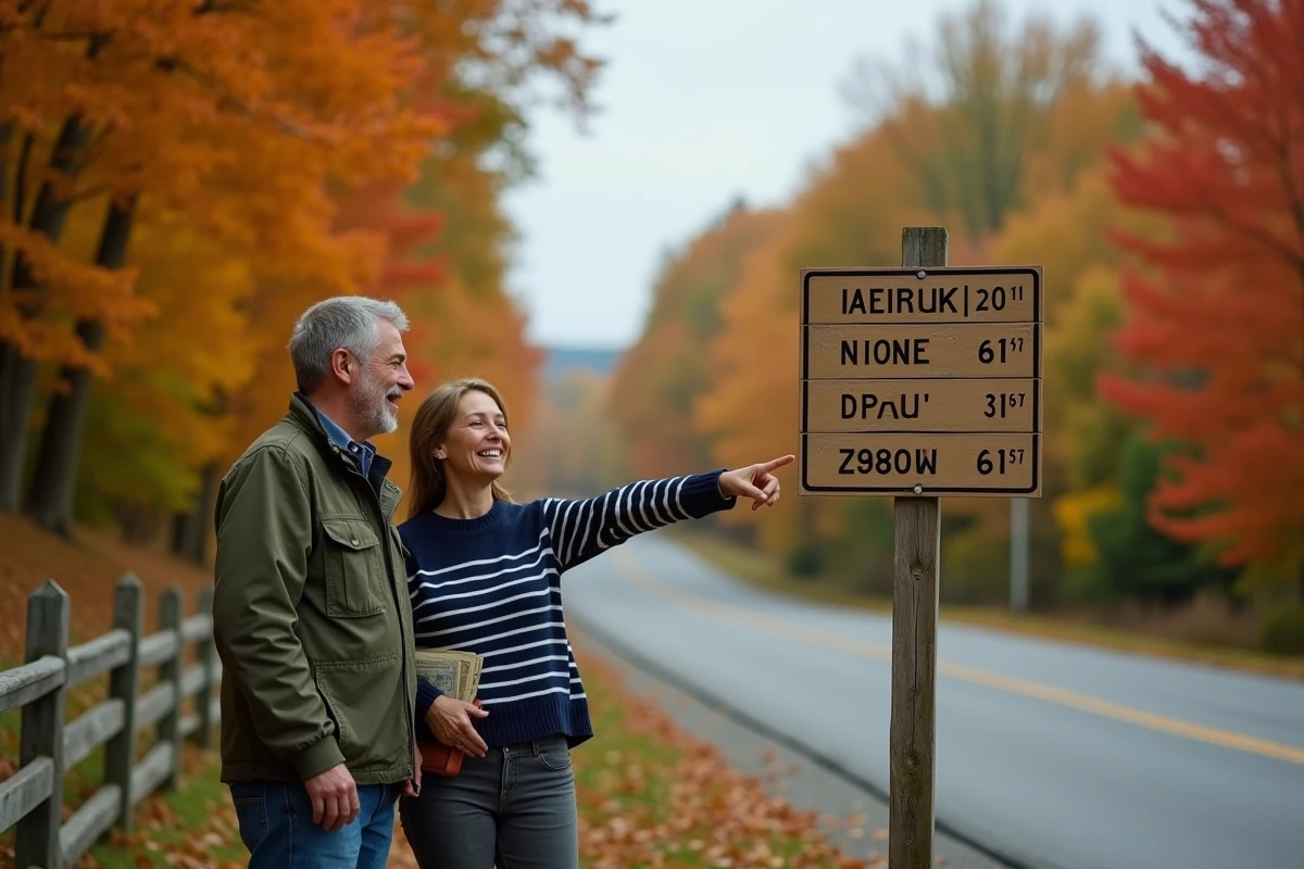 Couple de voyageurs européens devant un panneau de distance en miles sur une route de campagne en Nouvelle-Angleterre en automne