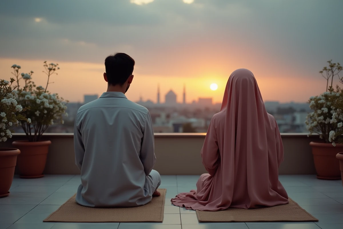Jeune couple musulman priant ensemble sur une terrasse en plein air au moment du coucher du soleil pour la prière du Maghreb