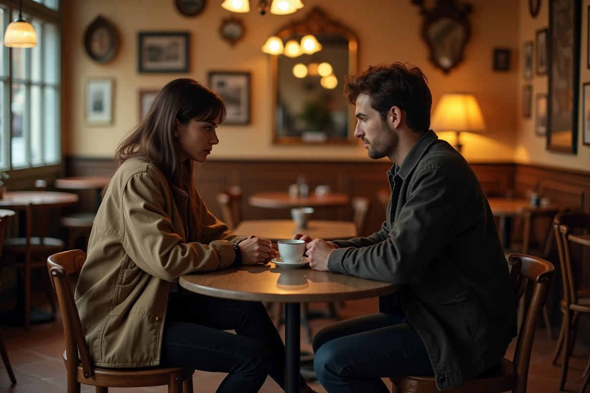 Couple en silence dans un café parisien avec une distance émotionnelle visible, illustrant la trahison et la rupture de confiance en amour