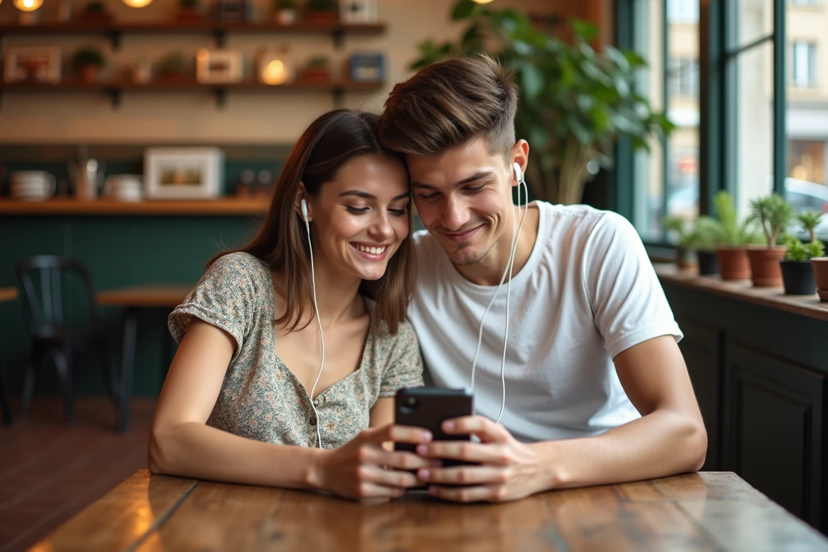 Couple de jeunes partageant des écouteurs pour écouter Skyrock et envoyer un message d'amour