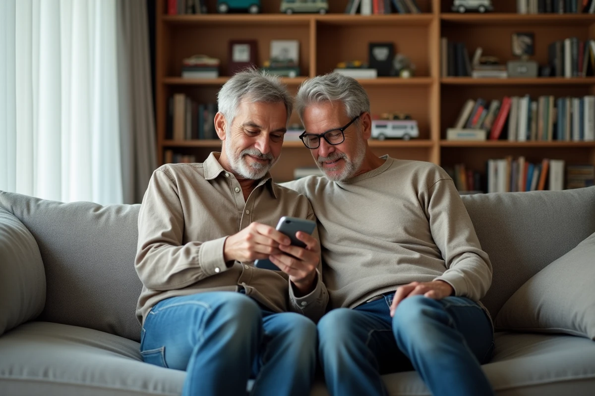 Couple consultant l'interface de suivi de collection Altaya sur smartphone assis dans un salon d&eacute;cor&eacute; de magazines et figurines