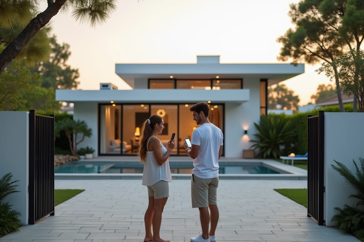Couple comparant une annonce immobilière sur smartphone devant l'entrée d'une villa contemporaine avec piscine