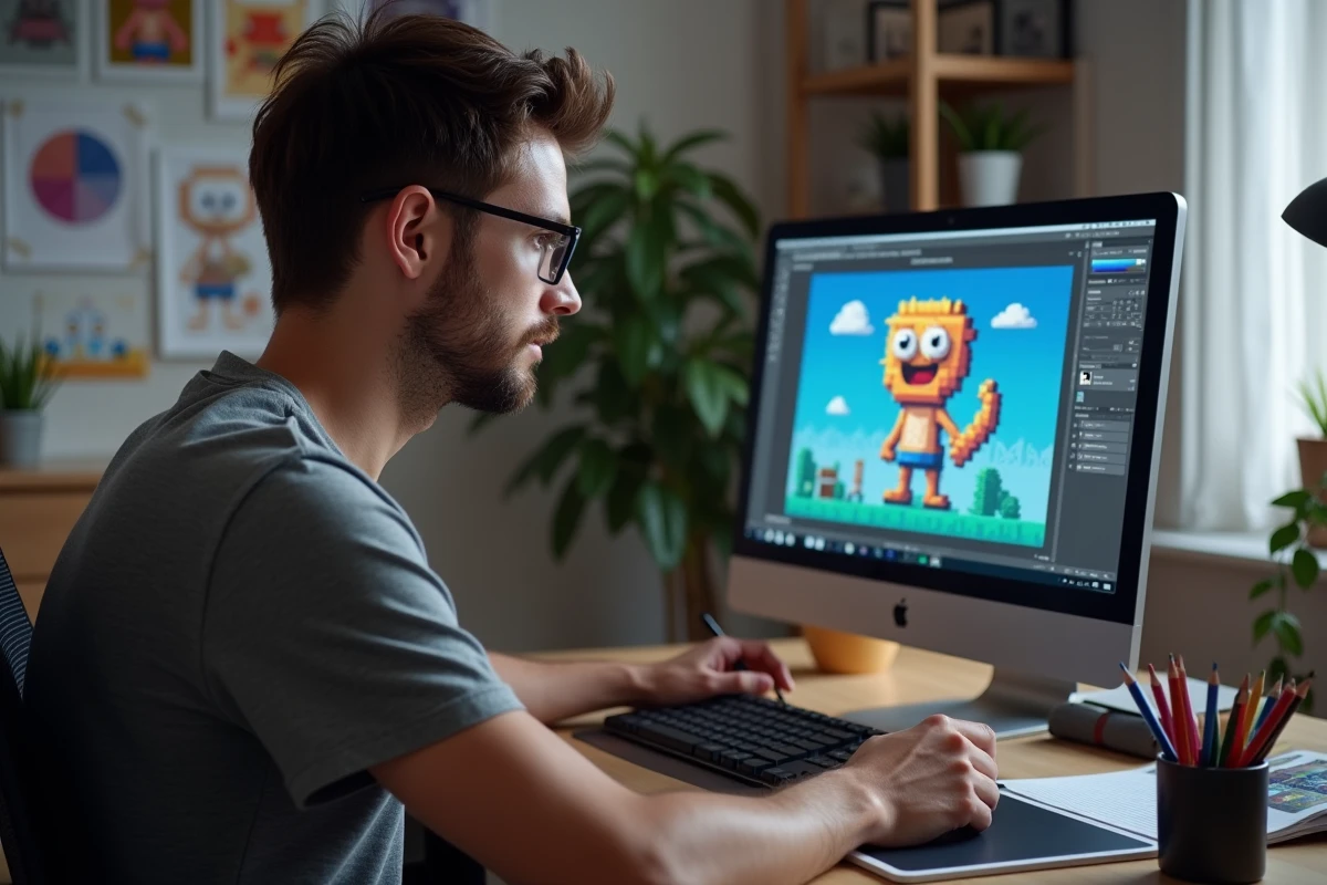 Homme cr&eacute;ant un personnage pixel art 8-bit sur un logiciel de dessin devant un &eacute;cran d'ordinateur dans un bureau organis&eacute;