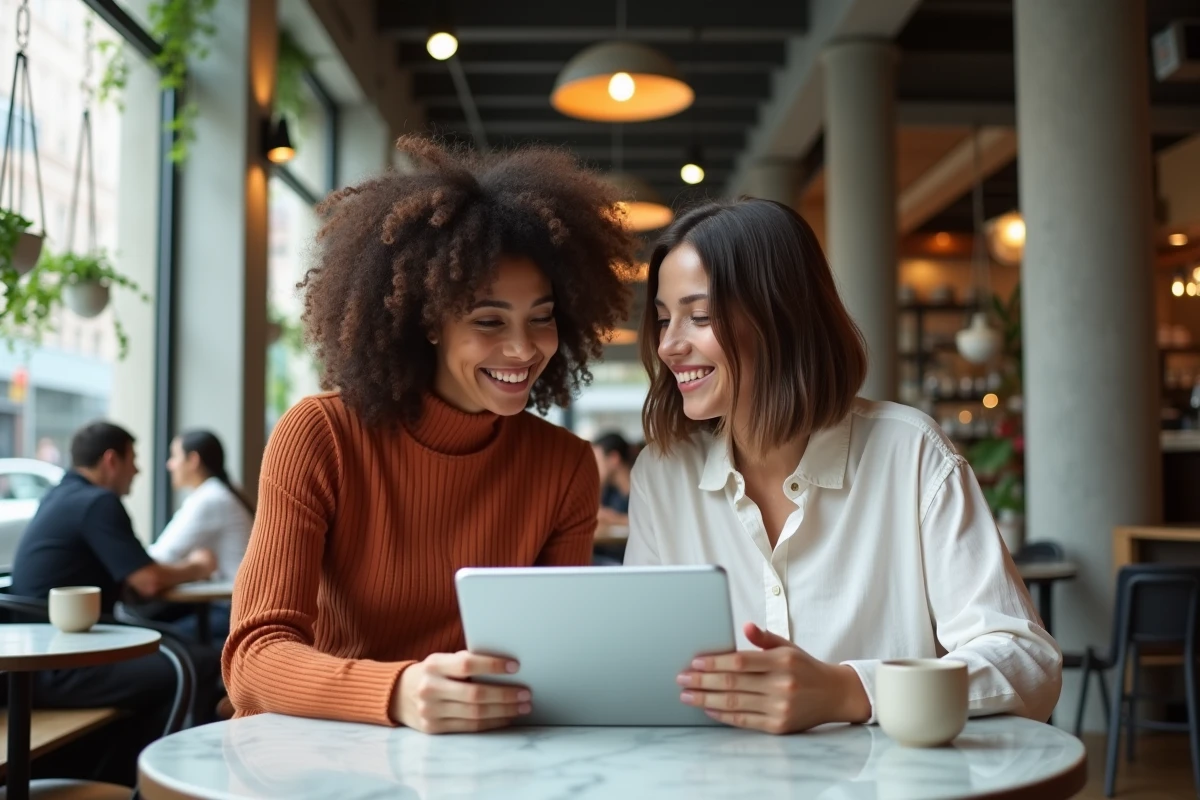 Deux cr&eacute;atrices de contenu planifiant ensemble les meilleures heures de publication TikTok du vendredi dans un caf&eacute; urbain