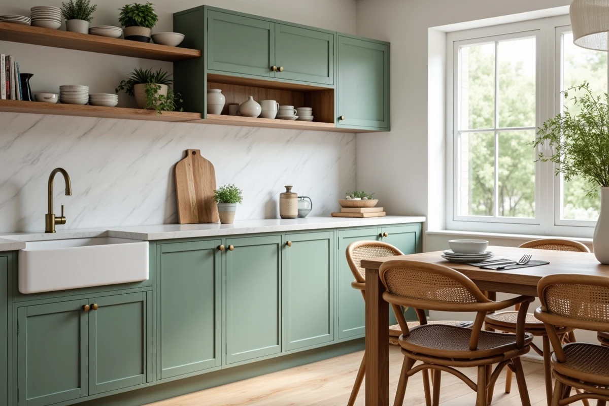 Cuisine ouverte moderne avec armoires vert sauge, plan de travail en quartz effet marbre et accessoires en laiton brut dans le style Gaines 2026