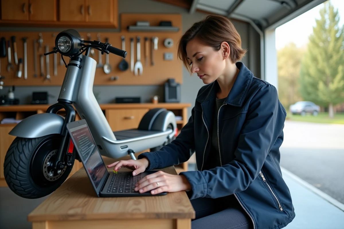 Femme branchant un câble de diagnostic sur une trottinette électrique argentée dans un garage, avec laptop affichant une interface de débridage
