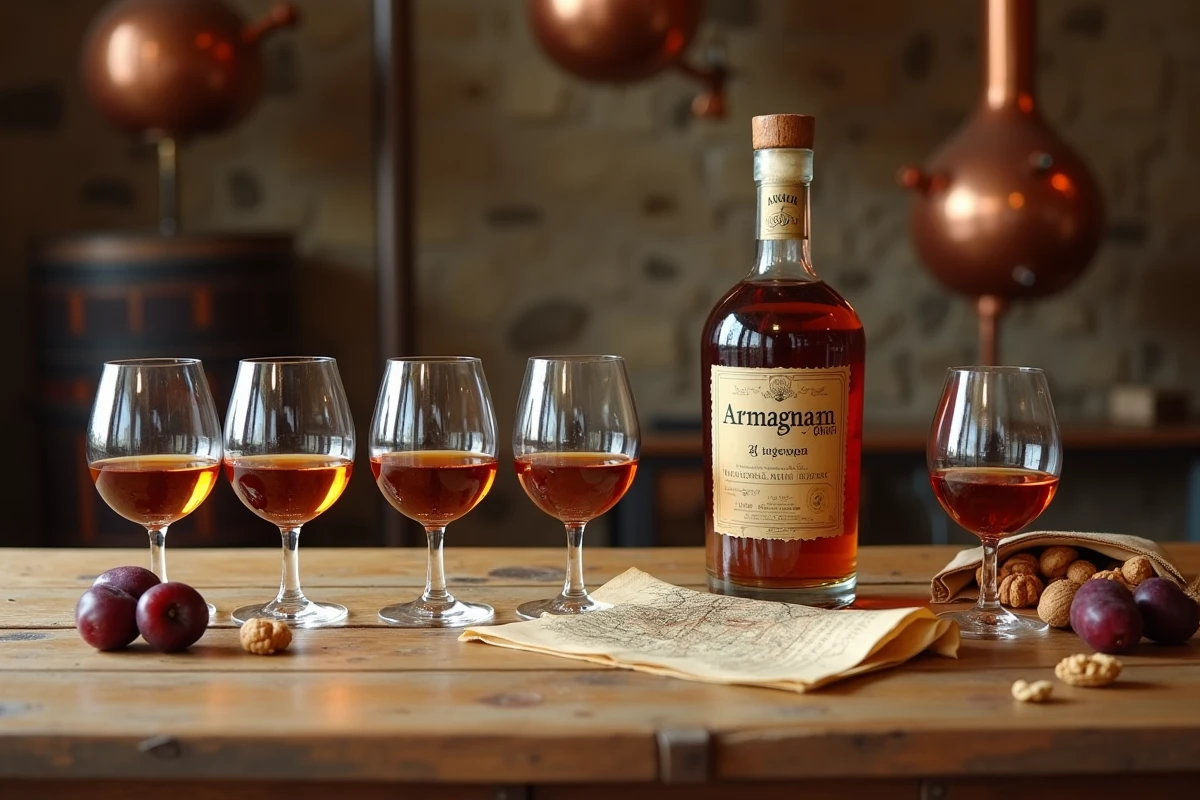 D&eacute;gustation d'Armagnac avec verres et bouteille mill&eacute;sim&eacute;e sur table en bois dans un domaine familial pr&egrave;s d'Eauze dans le Gers