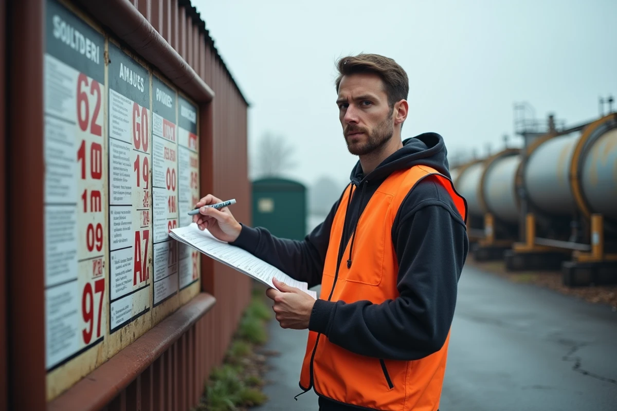 Employ&eacute; d'un d&eacute;p&ocirc;t de fioul mettant &agrave; jour les tarifs sur un panneau de prix dans le Pas-de-Calais
