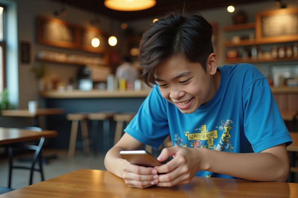 Adolescent consultant le dernier chapitre de manga en scantrad sur son smartphone dans un café
