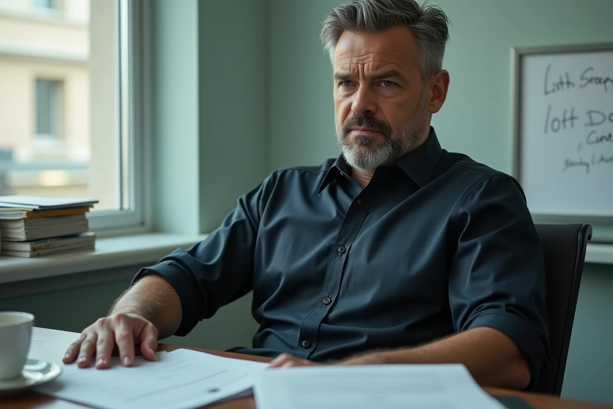 Médecin homme au bureau encombré de dossiers médicaux, expression cynique révélant une complexité émotionnelle