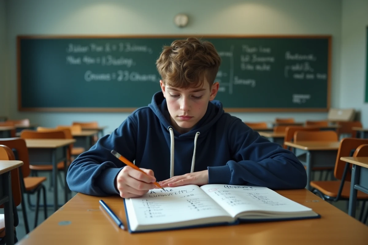 Adolescent en classe calculant de tête la conversion de miles en kilomètres sur un cahier de notes