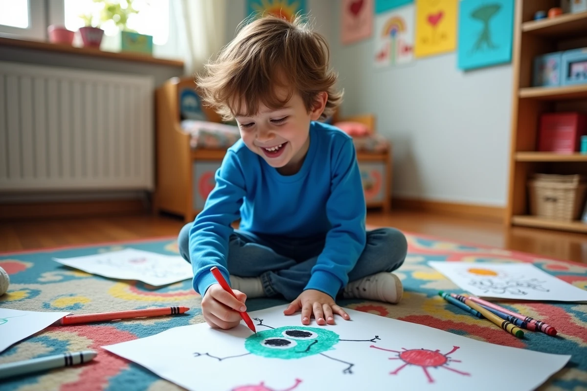 Enfant souriant transformant un gribouillage en dessin de monstre amusant avec des crayons de couleur sur le sol de sa chambre