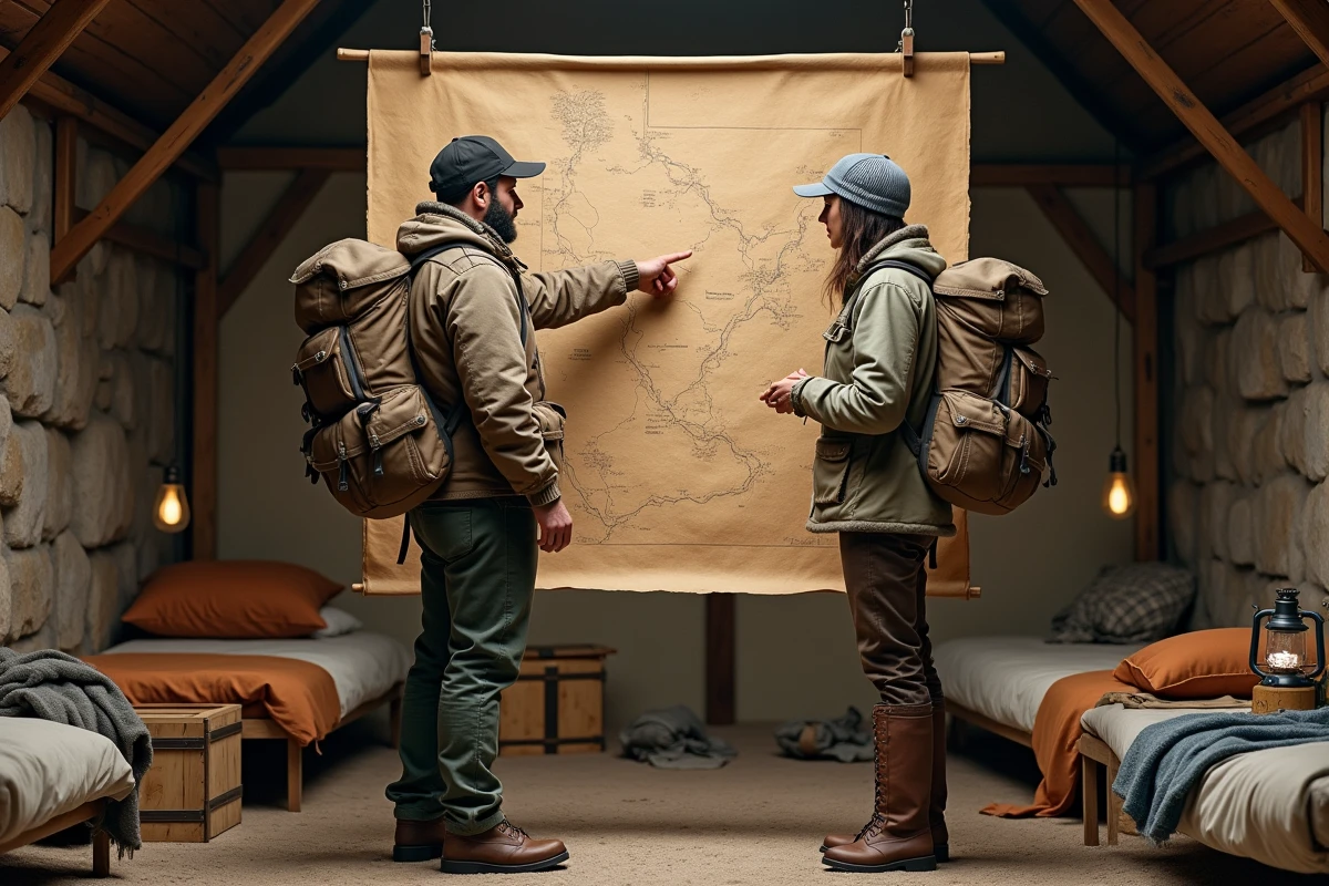 Deux explorateurs planifiant une expédition devant une carte dans un camp de terrain, illustrant la durée en solo et la stratégie de parcours