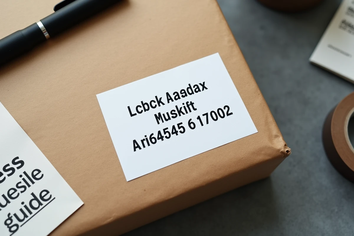 Gros plan sur une &eacute;tiquette d'adresse postale format&eacute;e coll&eacute;e sur un colis en carton kraft