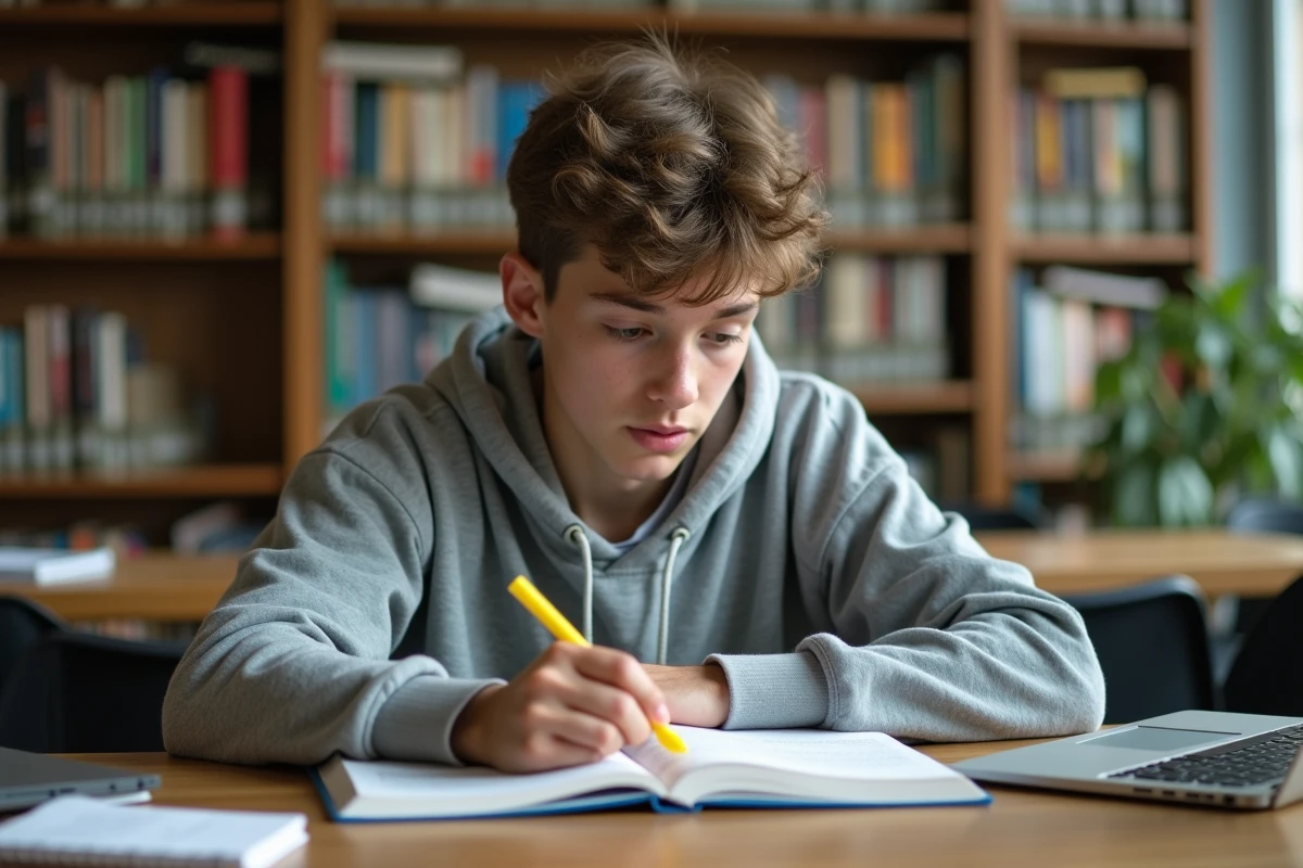 Adolescent étudiant les règles de grammaire française dans un livre scolaire à la bibliothèque