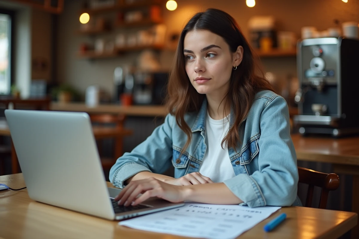 Jeune femme révisant la conjugaison française avec un ordinateur portable dans un café