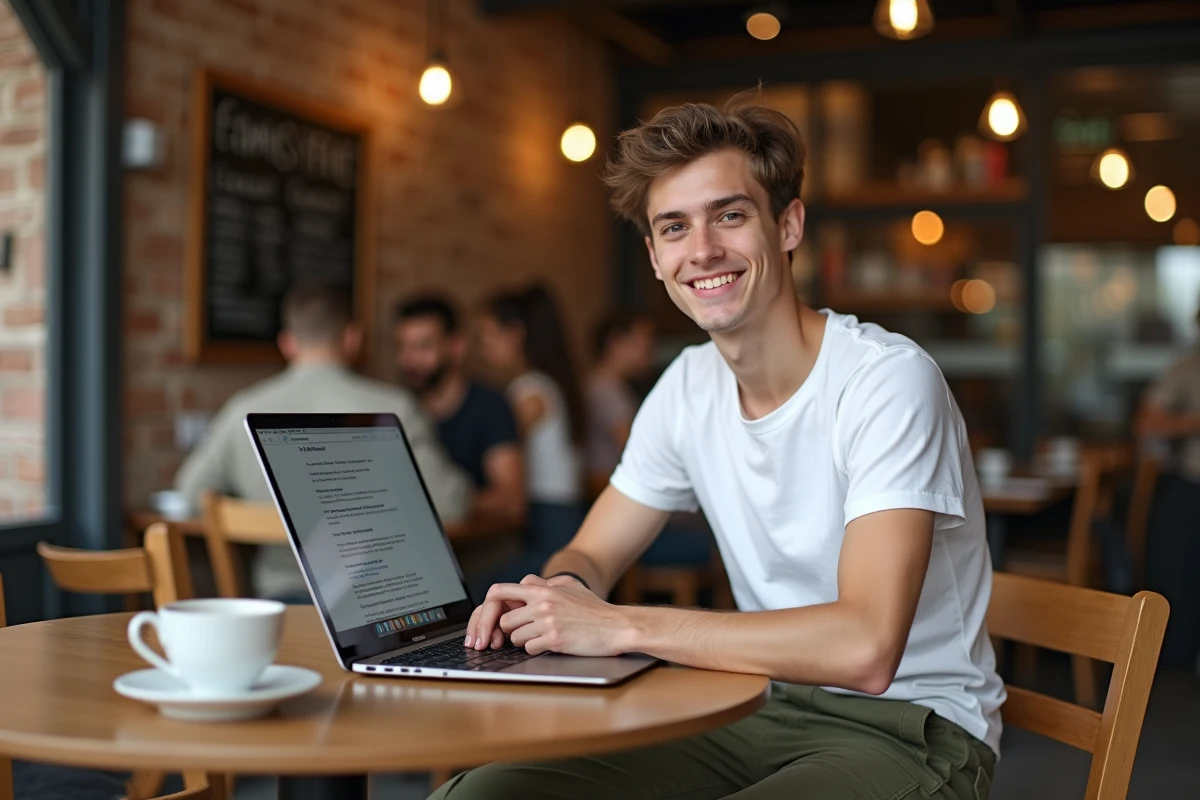&Eacute;tudiant lisant Secret Class manwha en fran&ccedil;ais l&eacute;galement sur ordinateur portable dans un caf&eacute;