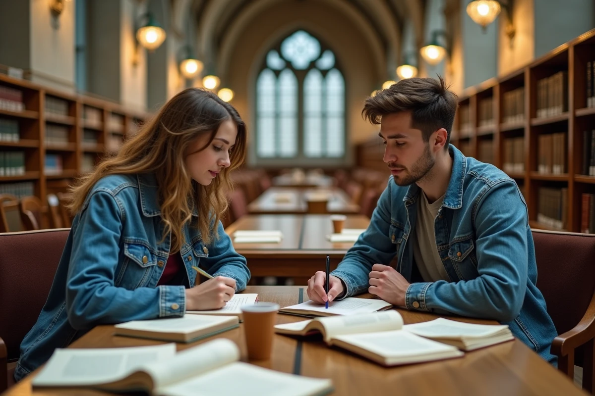 Deux &eacute;tudiants discutant d'un essai litt&eacute;raire annot&eacute;s dans une biblioth&egrave;que universitaire aux arches en pierre