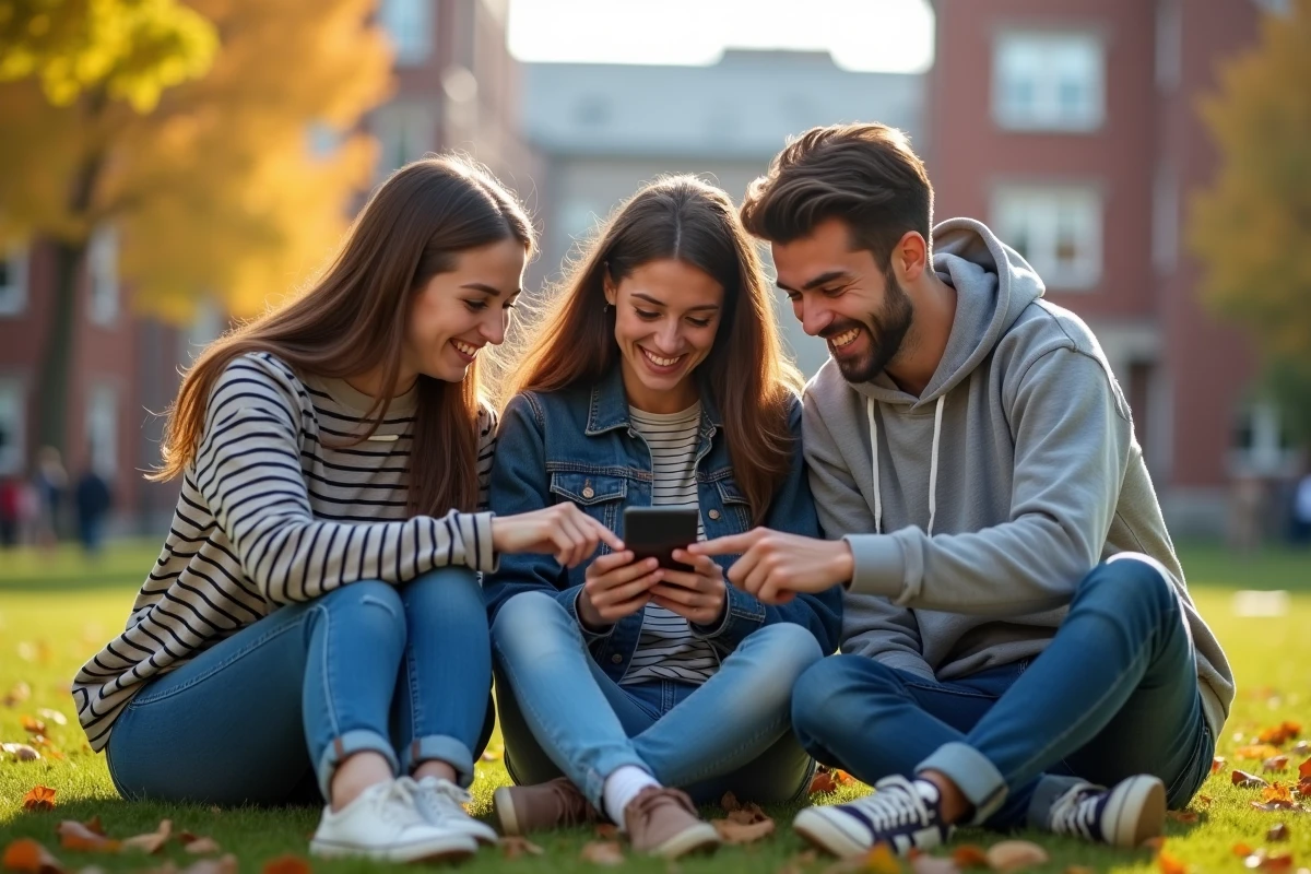 Groupe d'&eacute;tudiants jouant ensemble au quiz Google de la journ&eacute;e de la Terre sur un campus universitaire