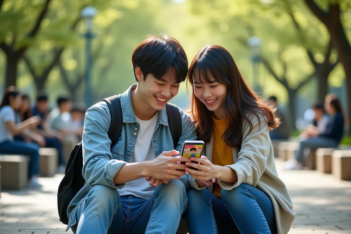 Deux &eacute;tudiants consultant des scans One Piece en fran&ccedil;ais sur un smartphone en ext&eacute;rieur sur un campus universitaire