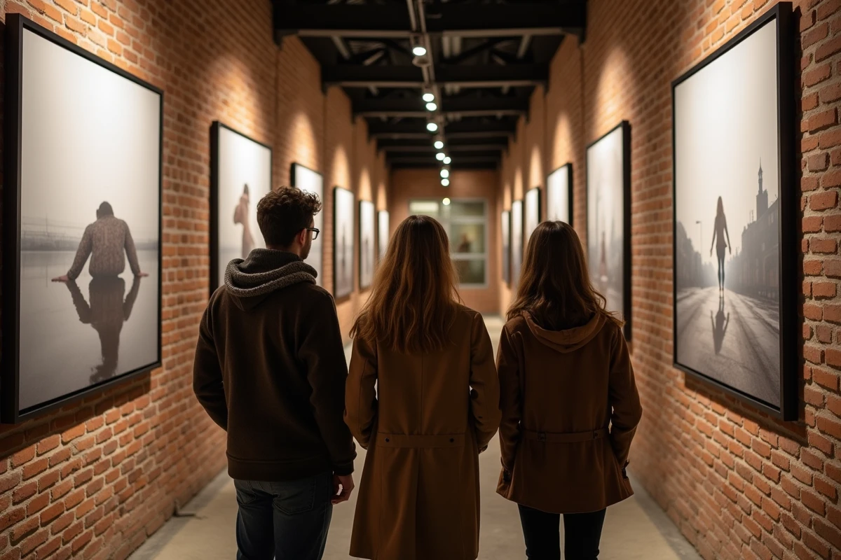 Groupe de visiteurs découvrant une exposition photo immersive dans une galerie industrielle à Lyon