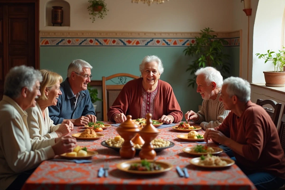 Famille marocaine multigénérationnelle réunie autour d'un repas traditionnel, évoquant les racines culturelles et l'héritage familial marocain de Najwa El Haïté