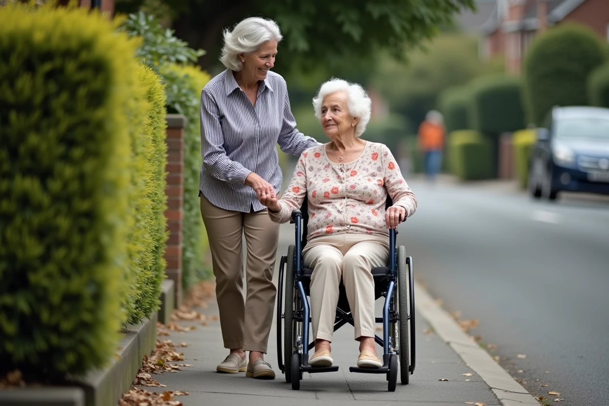Femme &acirc;g&eacute;e en fauteuil roulant de location accompagn&eacute;e de sa fille lors d'une promenade en ext&eacute;rieur